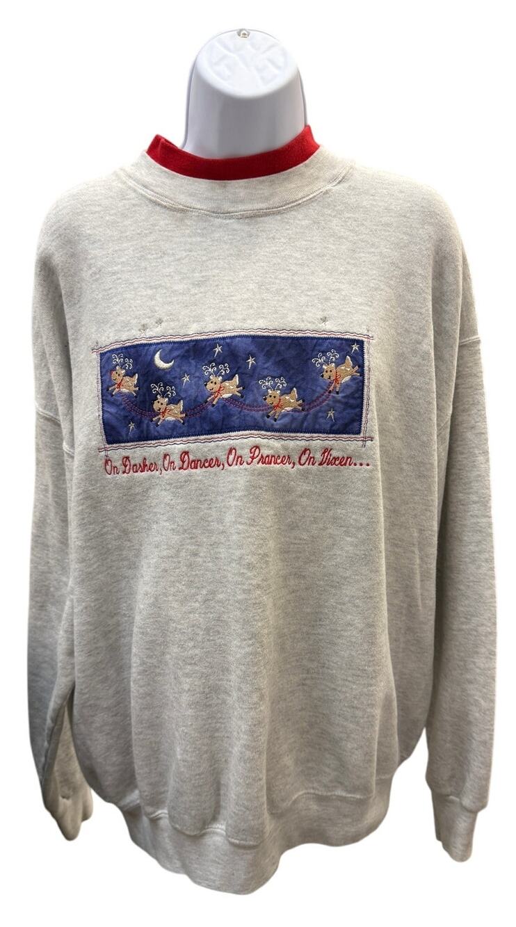 🎄 Pleasant Shade XL Gray 90s Vintage Christmas Reindeer Sweatshirt Red Trim